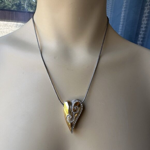Brighton Pendant Necklace 16" Swarovski Crystal Silver Gold Tone Puffy Heart - Picture 5 of 11